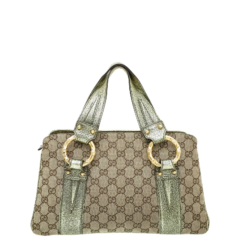 Women Gucci Sylvie bags with a crystal - embellished web stripeGucci Bicolor Metal Bamboo Tote Bag