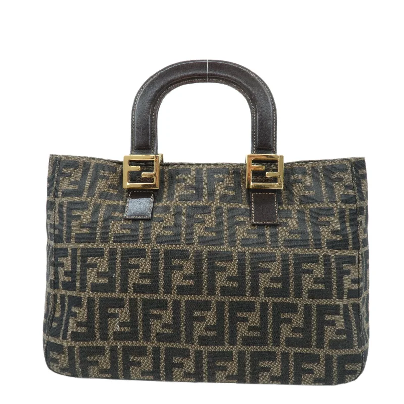 Fendi By The Way bags with a laser - cut leather detail for a modern and intricate lookFENDI Zucca Canvas Leather Tote Bag Hand Bag Brown