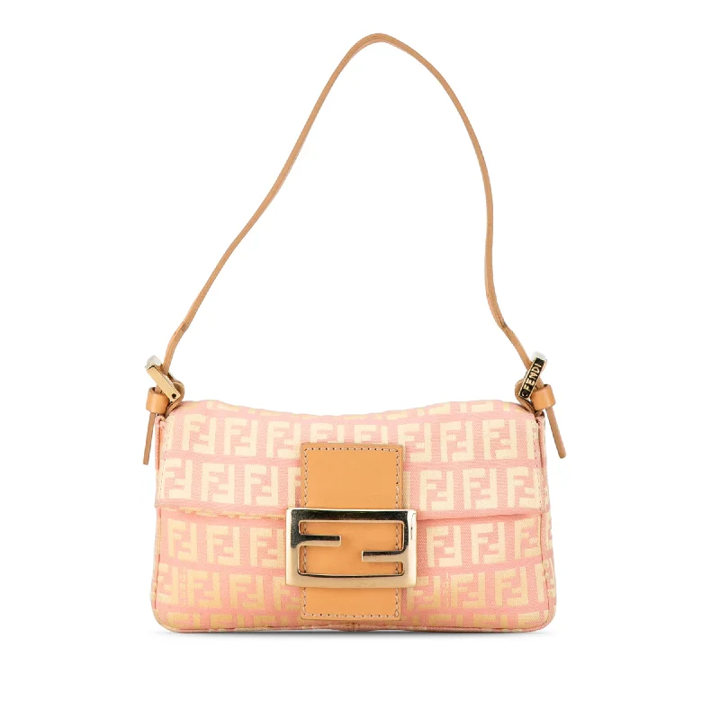 Ladies Fendi shoulder bags with a detachable scarf strap for a stylish and versatile optionPink Fendi Mini Zucchino Canvas Baguette Shoulder Bag