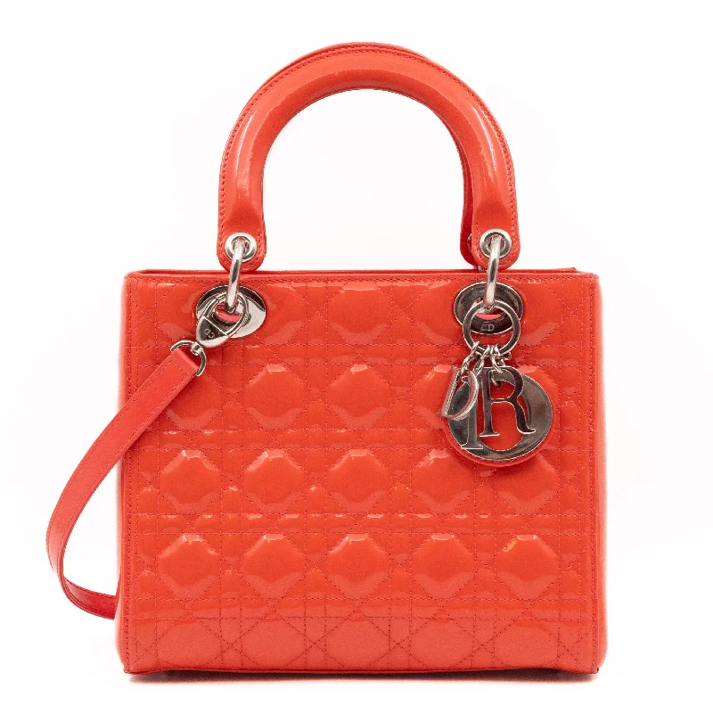 Christian Dior handbags with a snap - button closure and a decorative buckleLady Dior Medium Coral Patent Leather