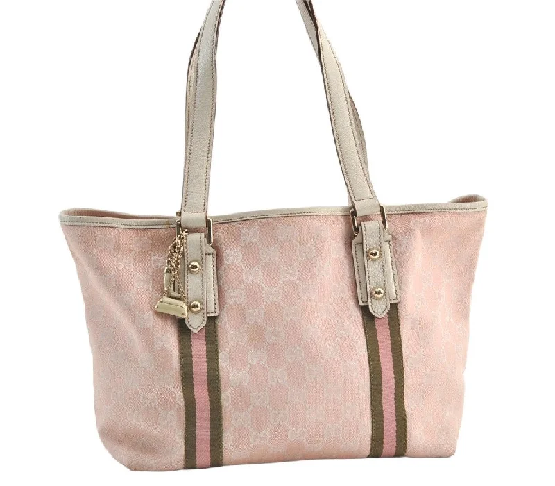 Women Gucci Sylvie bags featuring the signature web stripeAuthentic GUCCI Sherry Line Shoulder Tote Bag GG Canvas Leather Pink 9226J