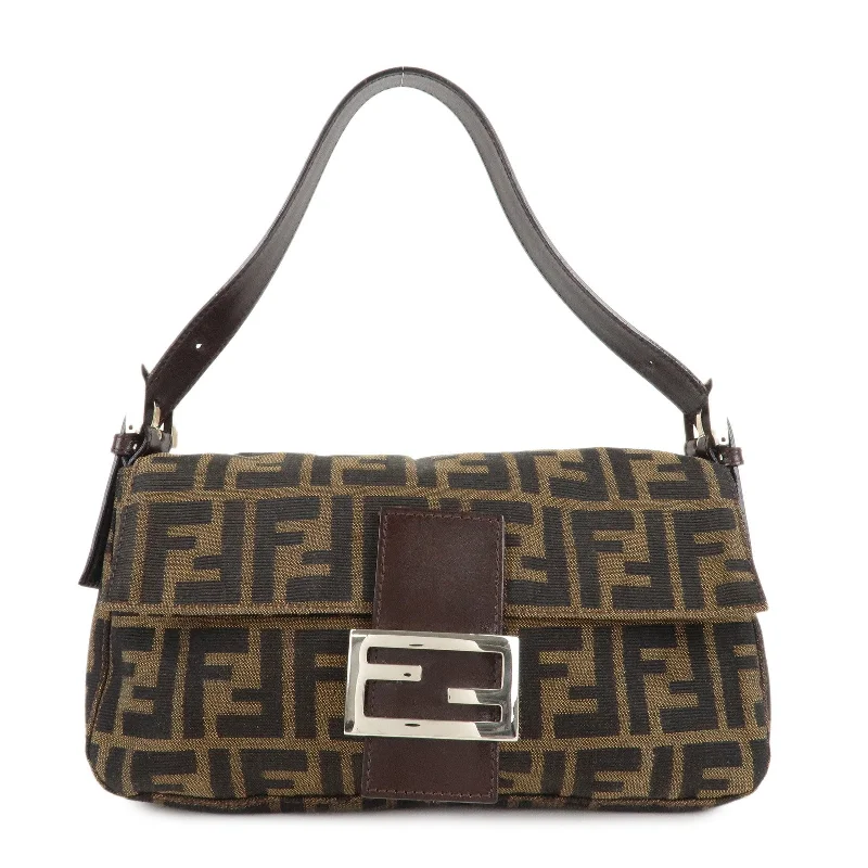 Ladies Fendi handbags with a detachable wallet insert for added convenienceFENDI Mamma Baguette Zucca Canvas Shoulder Bag Brown Black 26424