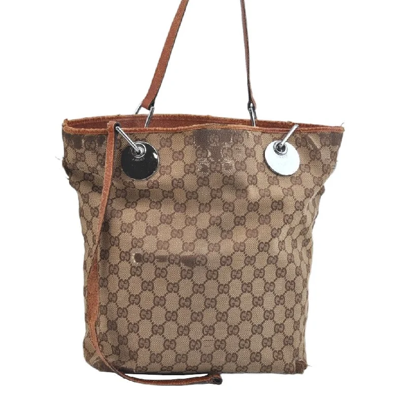 Women Gucci bags with a zip - around closure for securityAuthentic GUCCI Eclipse Shoulder Tote Bag GG Canvas Leather Brown Junk 9112J