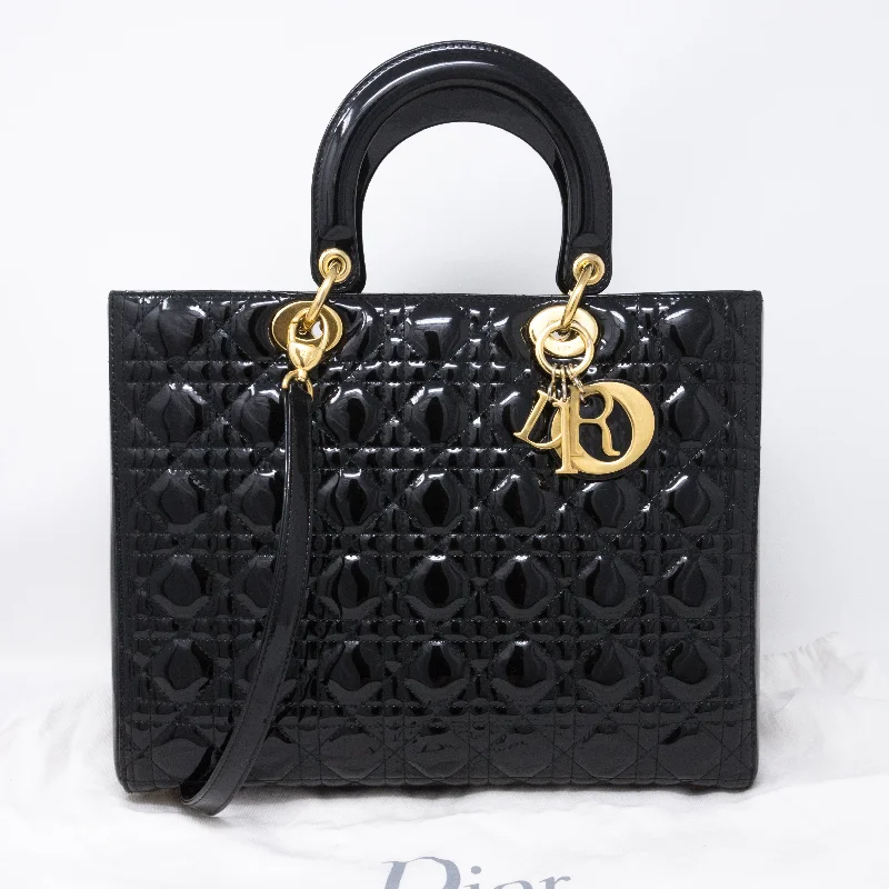 Stylish Christian Dior shoulder bags with a tassel - adorned zipperLady Dior Large Black Patent Leather