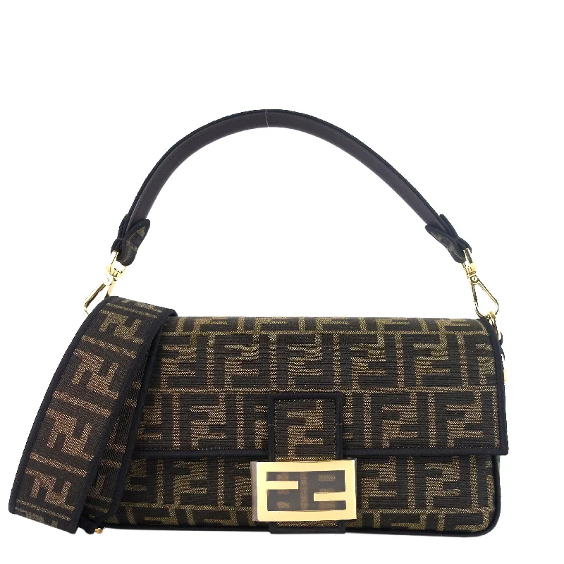 Fendi Baguette bags with a detachable shoulder strap for hands - free convenience1974 Medium Tobacco Moro Jacquard FF Canvas Baguette Bag