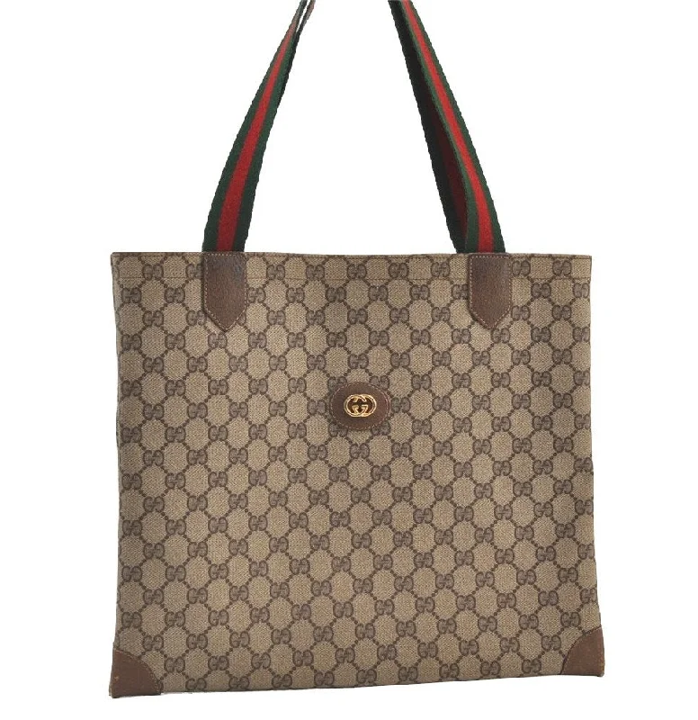 Gucci tote bags for women with a printed Gucci logoAuthentic GUCCI Web Sherry Line Shoulder Tote Bag GG PVC Leather Brown 9348J