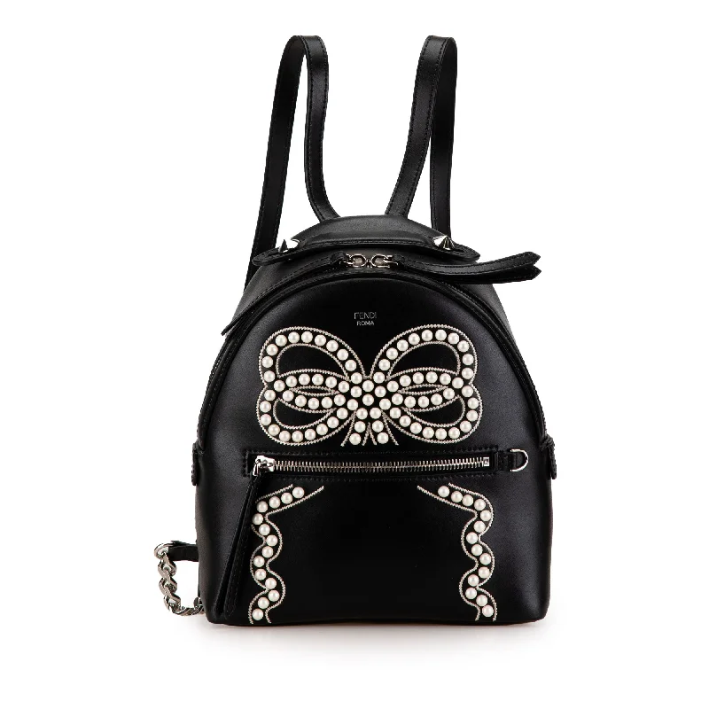 Fendi bags with a back - zip pocket for storing valuables securelyBlack Fendi Mini By The Way Leather Ribbon Pearl Backpack