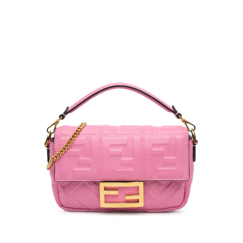 Fendi backpacks with a built - in lock for added securityPink Fendi Mini Zucca Embossed Baguette Satchel