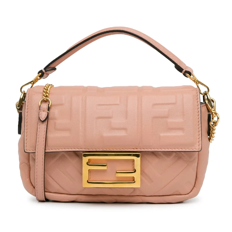 Fendi handbags with a holographic FF logo for a futuristic and trendy lookPink Fendi Mini Embossed Zucca Baguette Satchel