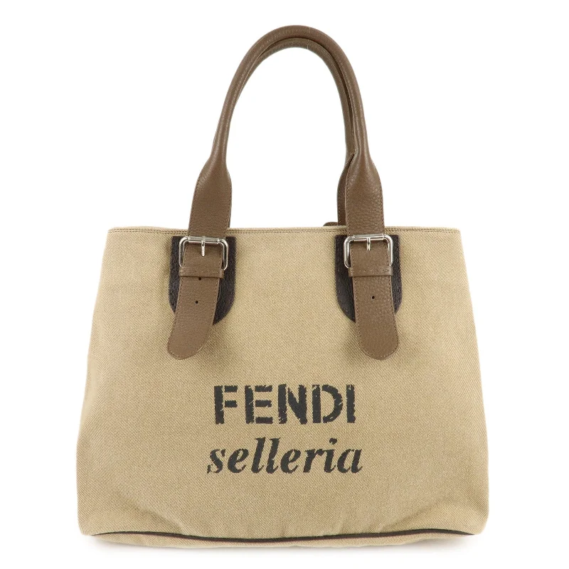 Fendi bags with a zippered interior pocket for separating items and keeping them organizedFENDI Canvas Leather Tote Bag Shoulder Bag Hand Bag Beige