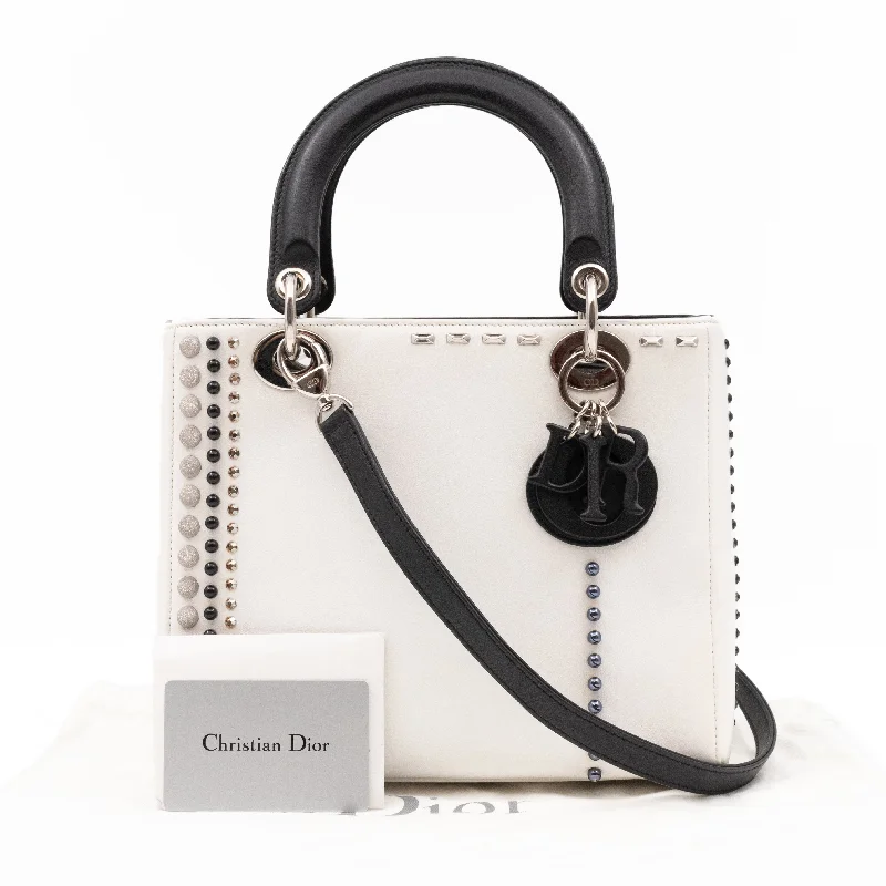 Christian Dior tote bags with a double - handle and shoulder - strap optionLady Dior Medium Crystal Pearl Studded White Black Lambskin