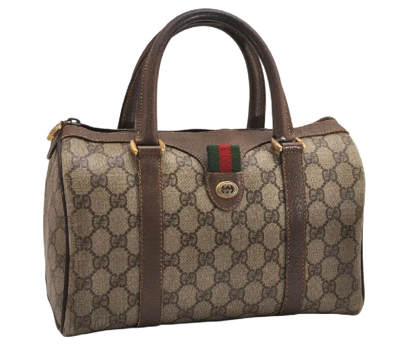 Ladies Gucci shoulder bags with a wide - width strapAuthentic GUCCI Web Sherry Line Hand Boston Bag Purse GG PVC Leather Brown 9256J