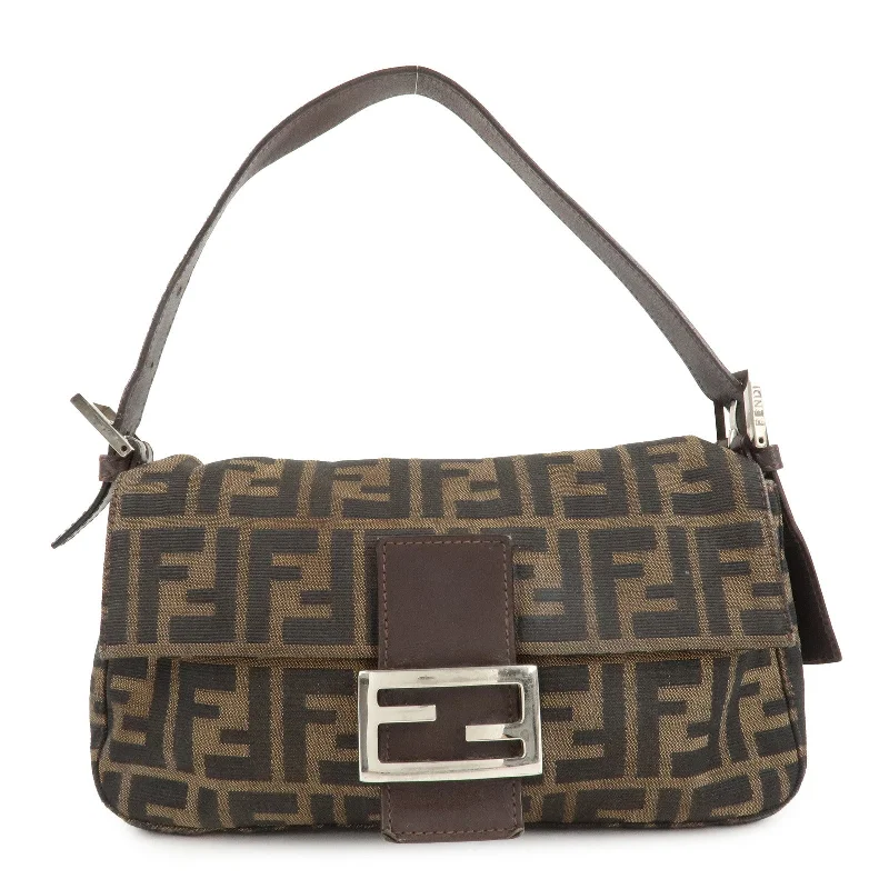 Fendi tote bags with a snap - button closure and a decorative charm for a fashionable and personalized lookFENDI Mamma Baguette Zucca Canvas Leather Shoulder Bag Brown