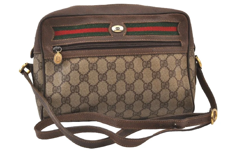 Women Gucci bags with a zippered interior pocketAuthentic GUCCI Web Sherry Line Shoulder Bag GG PVC Leather Brown Junk 9242J