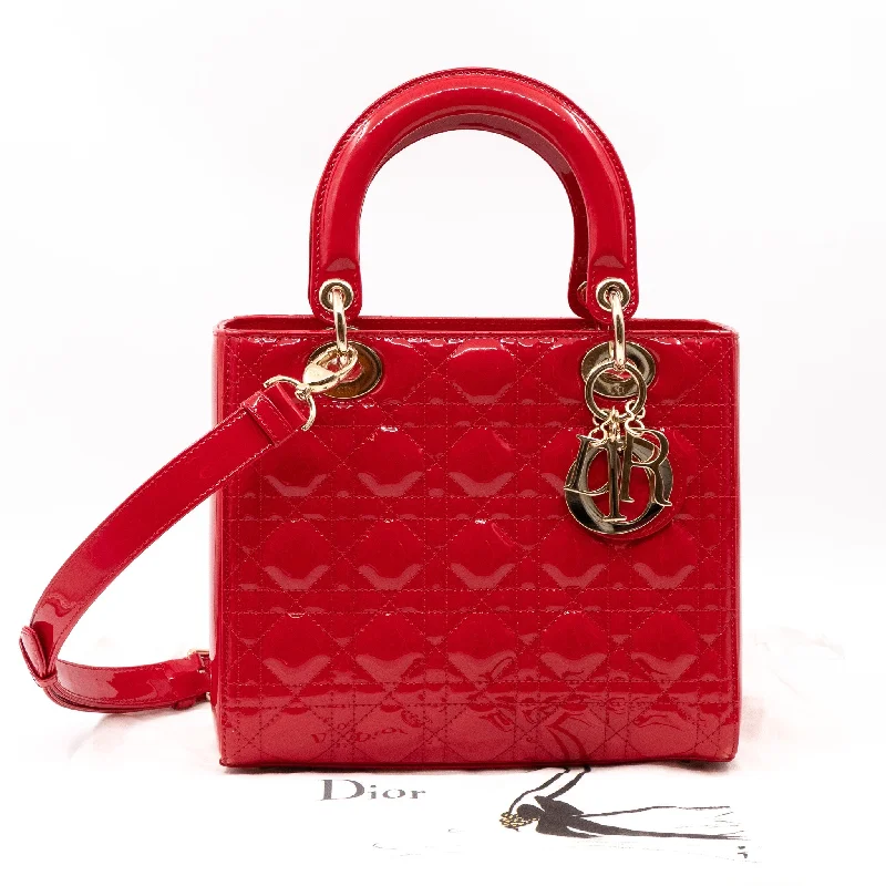 Christian Dior handbags with a snap - button closure and a decorative buckleLady Dior Medium Red Patent Leather