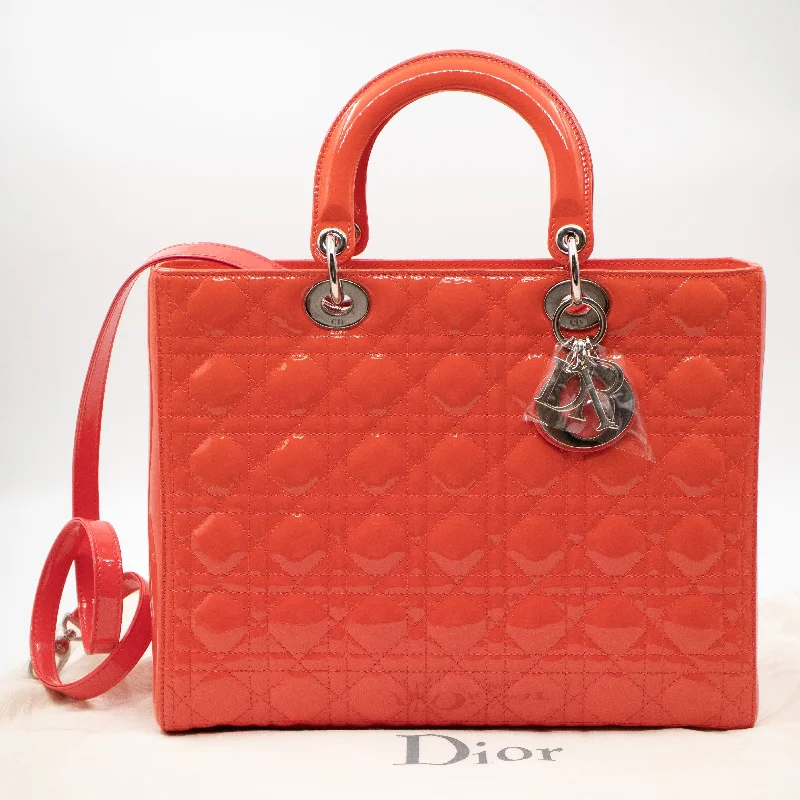 Christian Dior bags with a side - pocket for holding a water bottleLady Dior Large Papaya Patent Leather