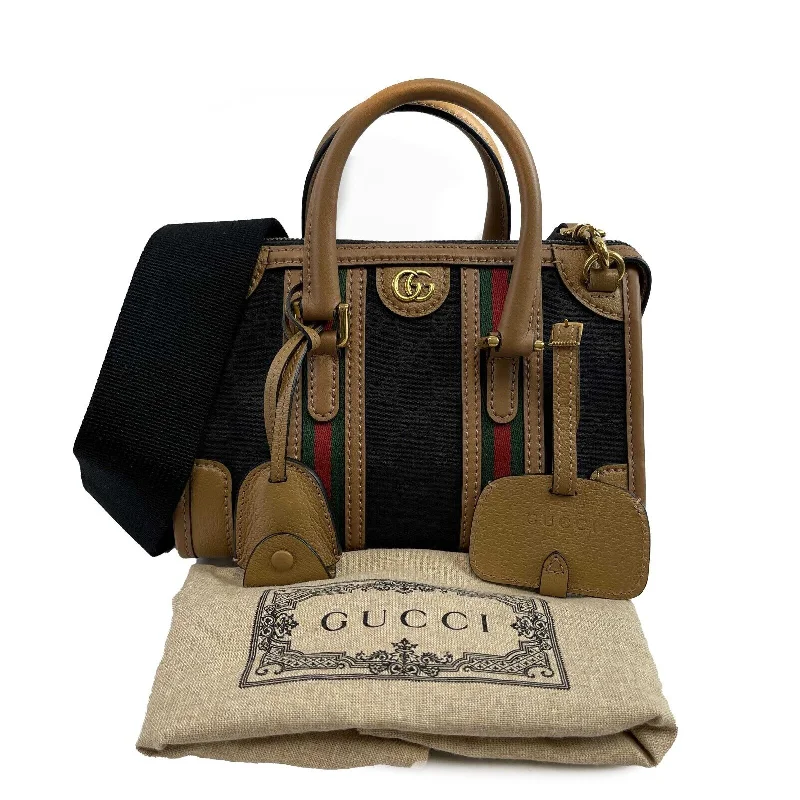 Ladies Gucci shoulder bags with a magnetic - closure flapGUCCI GG Canvas Linea Bauletto Plaque Mini Top Handle Crossbody Black/Brown