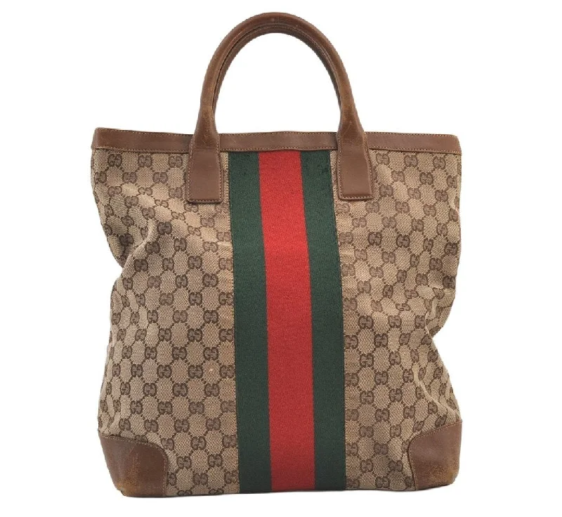 Gucci handbags for women with a metal - framed claspAuthentic GUCCI Web Sherry Line Hand Tote Bag GG Canvas Leather Brown 0913K