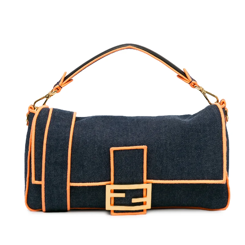 Fendi tote bags with a self - cleaning interior lining for easy maintenanceBlue Fendi Large Denim Baguette Satchel