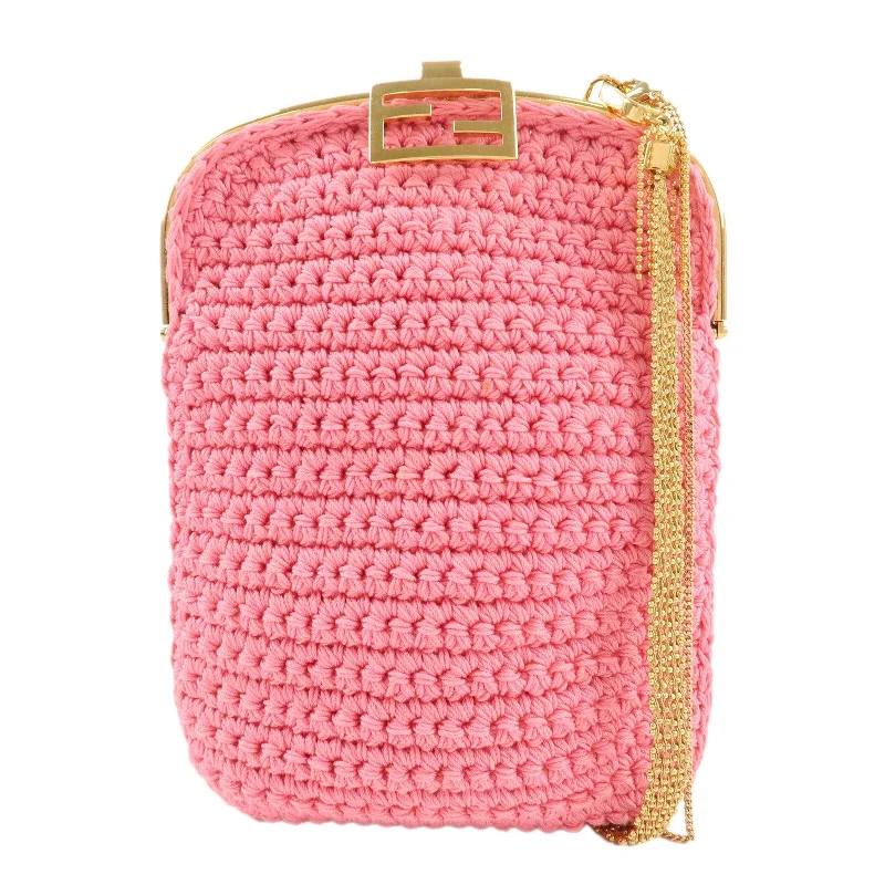 Fendi crossbody bags with a reflective strap for safety during low - light conditionsFENDI Baguette Knit Cell Phone Case Shoulder Bag Pink 7AR966