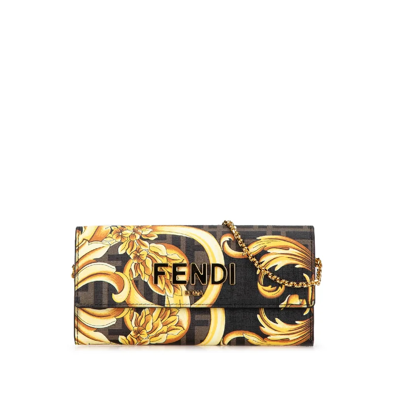 Fendi crossbody bags in a vibrant, neon color for a bold fashion statementBrown Fendi Versace Fendace Coated Canvas FF Baroque Print Wallet On Chain Crossbody Bag