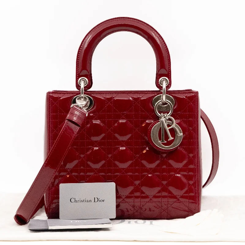 Christian Dior handbags with a detachable mirror for on - the - go touch - upsLady Dior Medium Dark Red Patent Leather