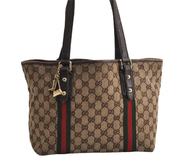 Ladies Gucci shoulder bags with a wide - width strapAuthentic GUCCI Web Sherry Line Tote Bag GG Canvas Leather 137396 Brown 0845K