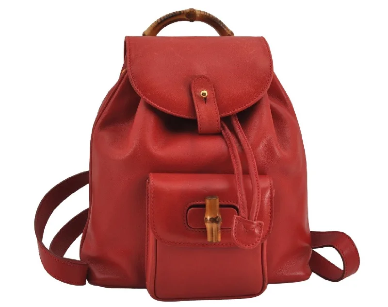 Women Gucci Sylvie bags with a detachable ribbon detailAuthentic GUCCI Vintage Bamboo Drawstring Backpack Purse Leather Red 9214J