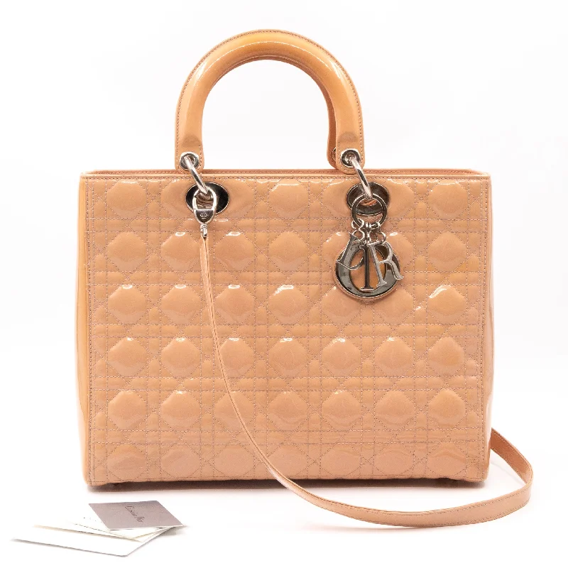 Christian Dior handbags with a back - pocket for quick storageLady Dior Large Light Beige Patent Leather