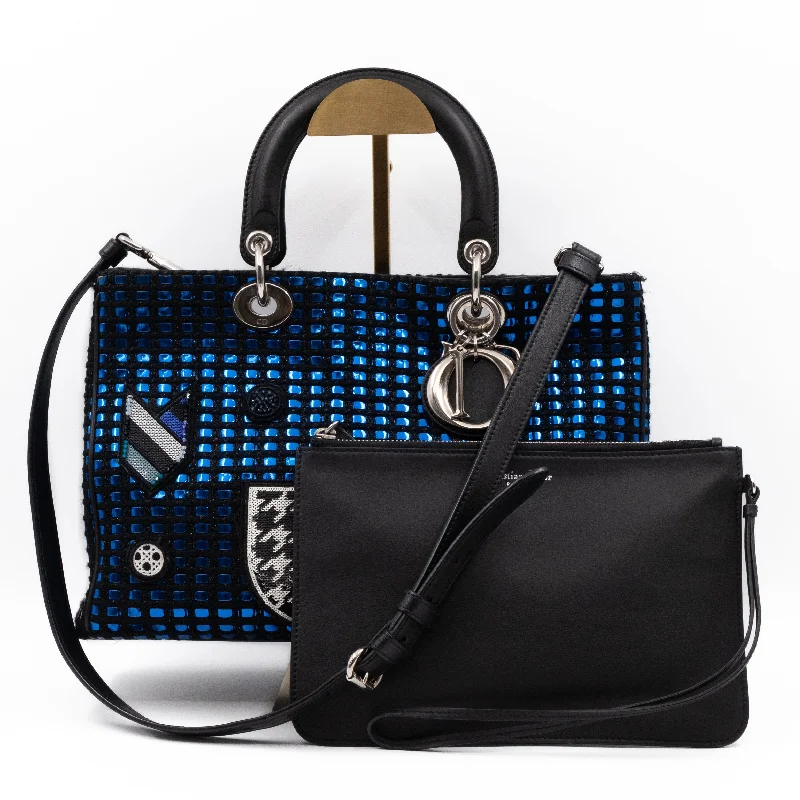 Christian Dior backpacks with a sleek, minimalist silhouetteDiorissimo Small Patchwork Metallic Blue Tweed