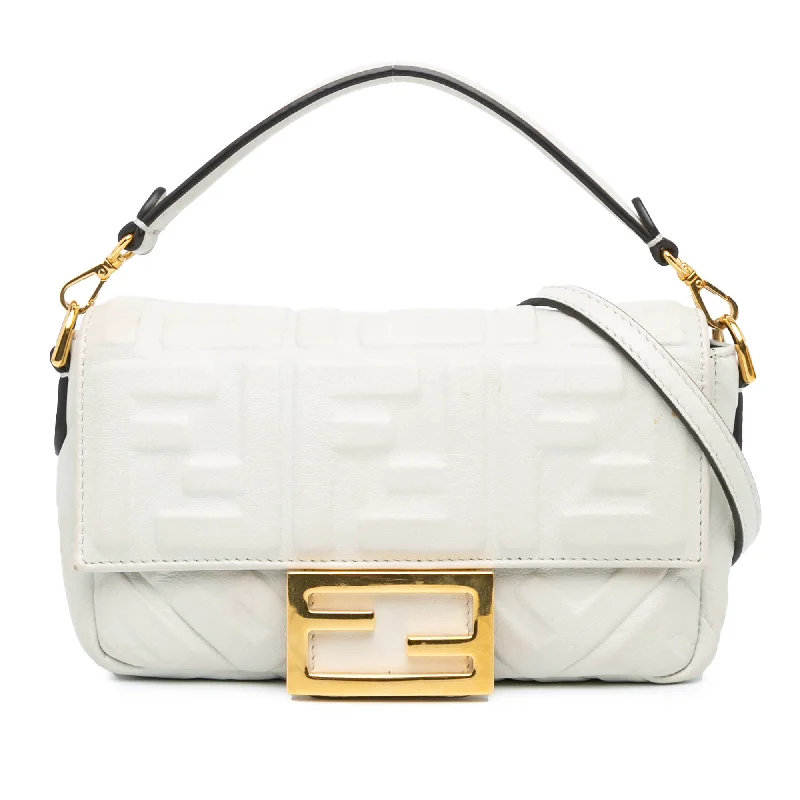 Fendi backpacks with a built - in lock for added securityWhite Fendi Mini Zucca Embossed Leather Baguette Satchel