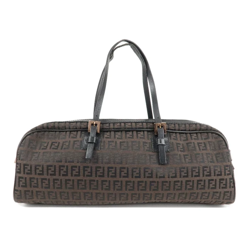 Fendi By The Way bags with a leather - wrapped drawstring for a luxurious and tactile feelFENDI Zucchino Canvas Leather Hand Bag Brown Black 8BL006