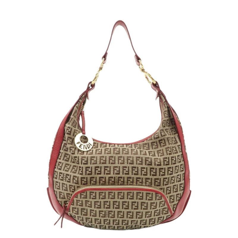 Fendi crossbody bags with a printed floral pattern for a feminine and romantic touchFENDI Zucchino Canvas Leather Shoulder Bag Khaki Brown Red 8BR465