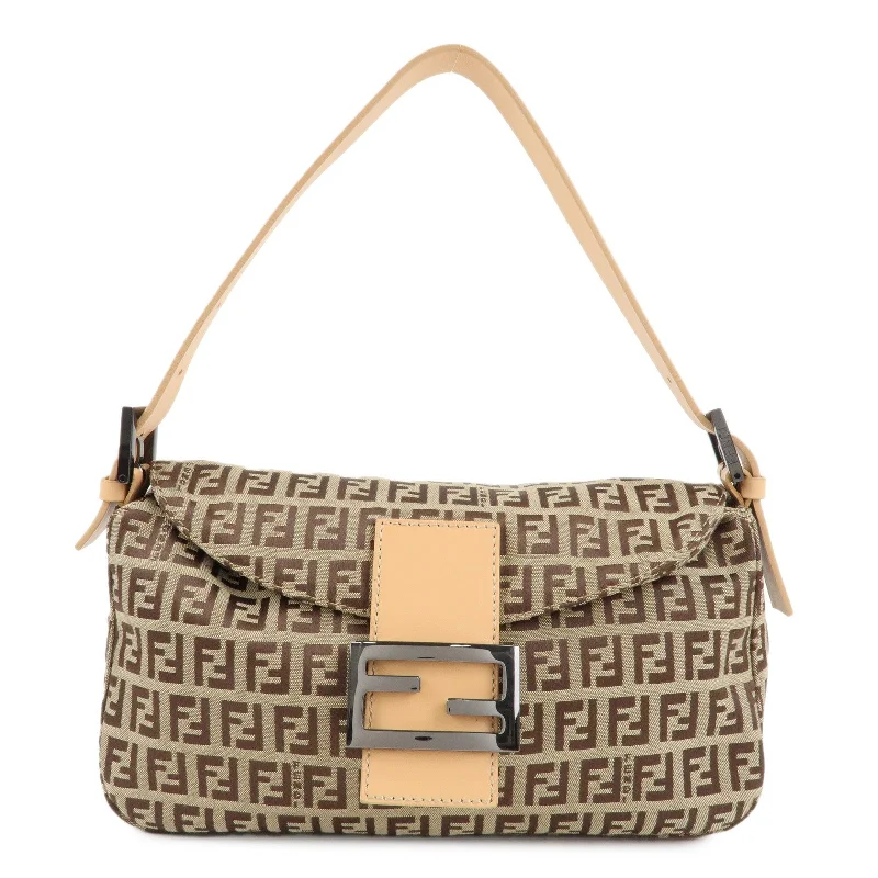 Fendi bags with a chain - link trim and a leather body for a modern and edgy lookFENDI Zucchino Canvas Leather Shoulder Bag Beige 8BR003