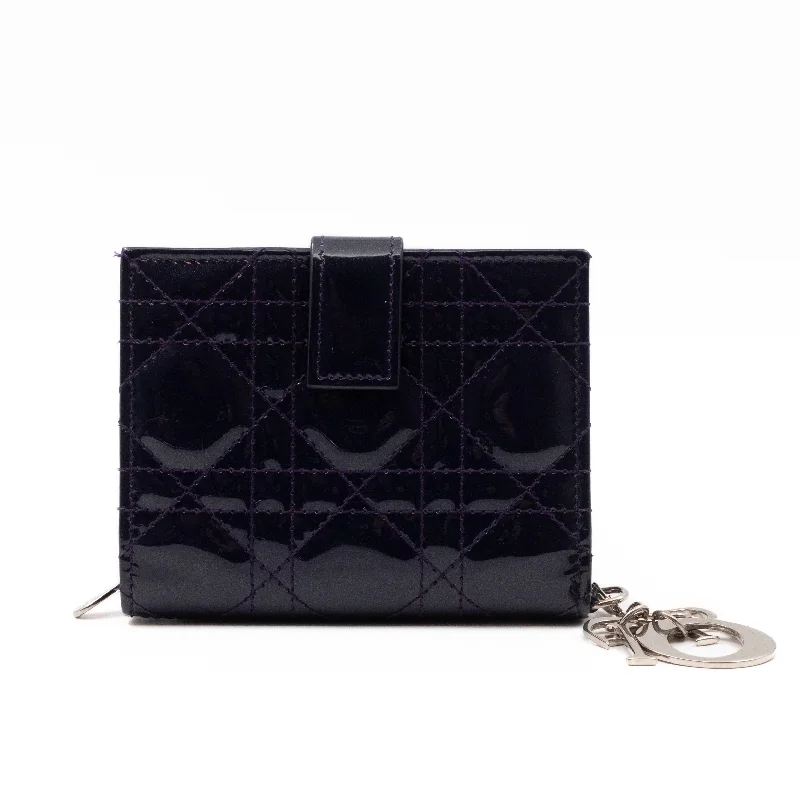 Luxury Christian Dior crossbody bags with a chain - link strapLady Dior Compact Wallet Dark Purple Patent Cannage Leather