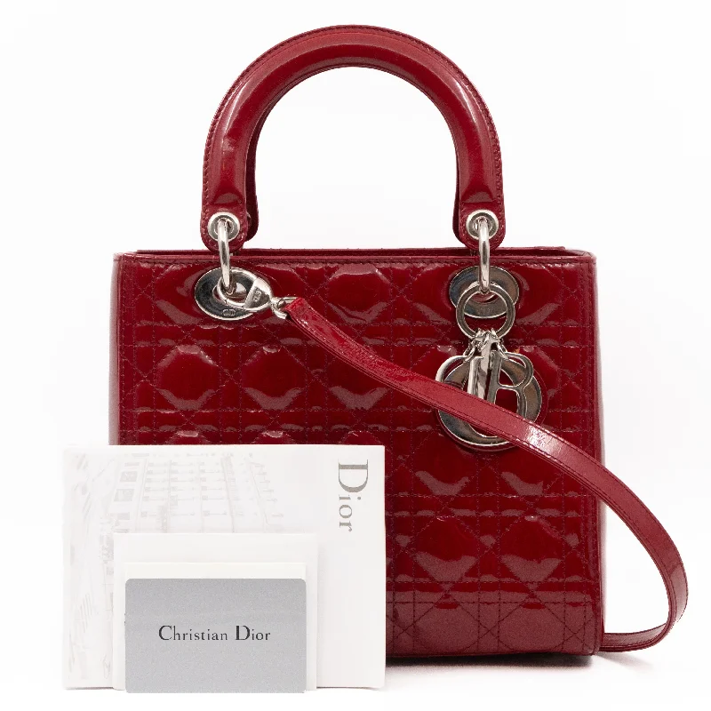 Christian Dior tote bags with a printed Dior logo on the frontLady Dior Medium Dark Red Patent Leather