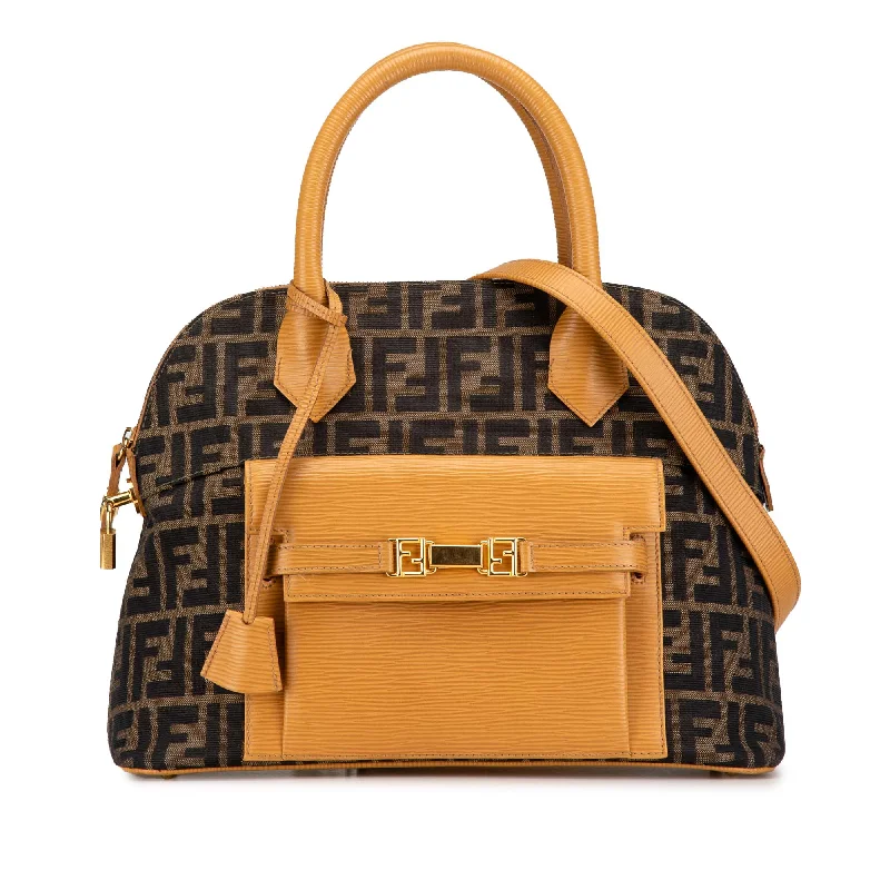 Fendi tote bags with a solar - powered charging panel for eco - friendly chargingBrown Fendi Zucca Canvas Pocket Satchel