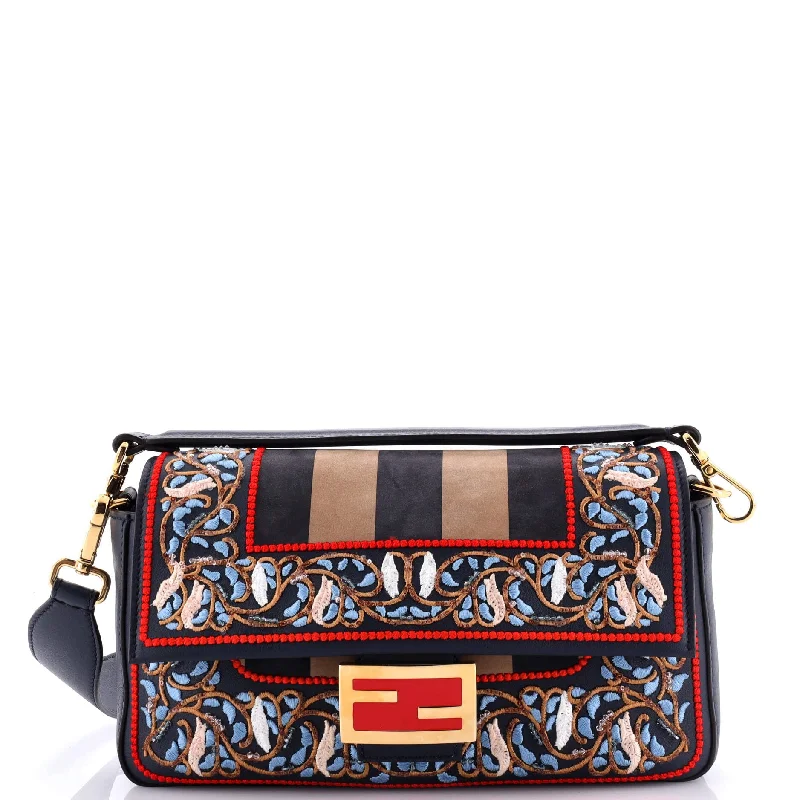 Fendi bags with a touch - screen - friendly pocket for using devices without taking them outBaguette NM Bag Embroidered Leather and Pequin Nubuck Medium