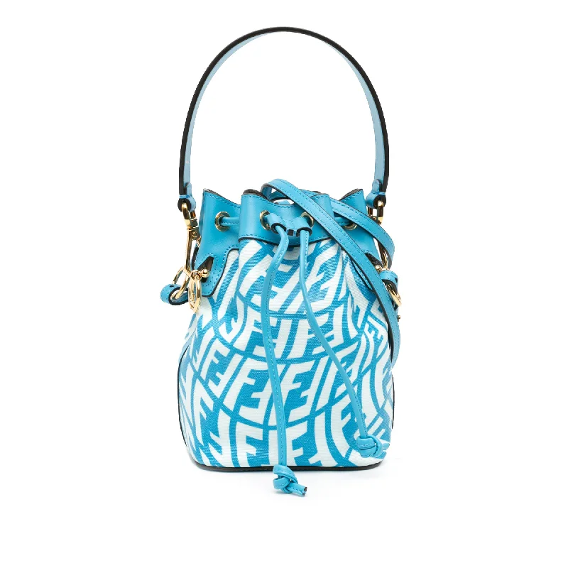 Ladies Fendi shoulder bags with a detachable scarf strap for a stylish and versatile optionBlue Fendi Sarah Coleman Mini Coated Canvas FF Vertigo Mon Tresor Bucket