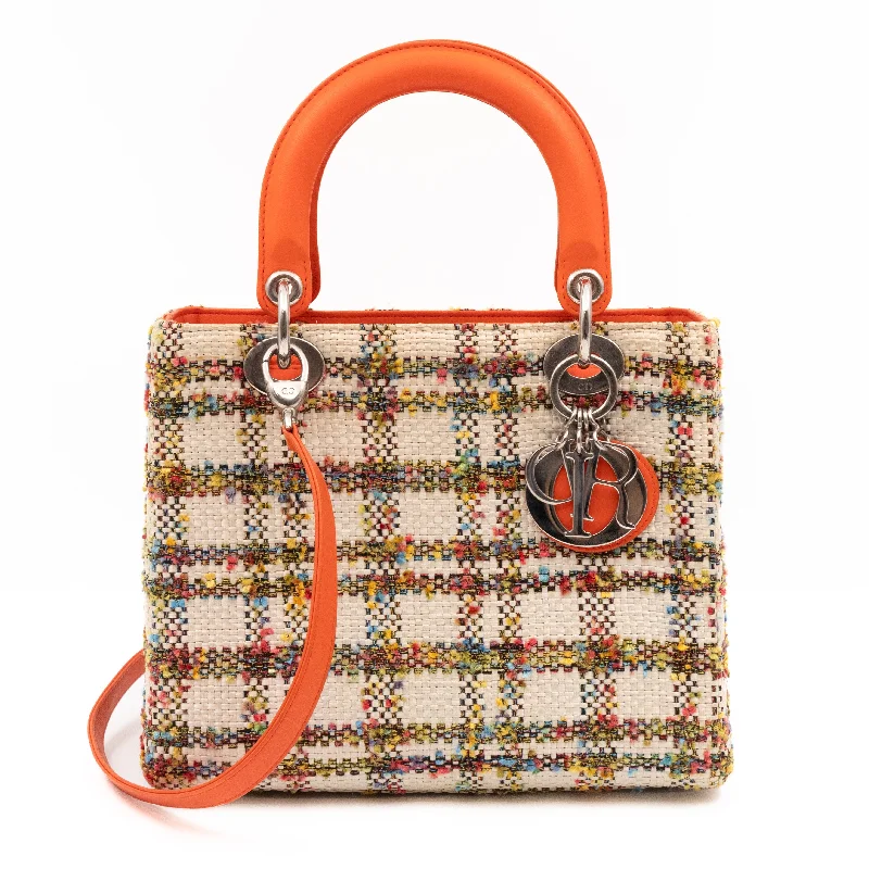 Luxury Christian Dior crossbody bags with a chain - link strapLady Dior Medium Cream Raffia Tweed Orange Leather