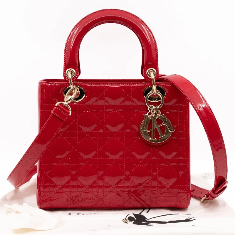 Christian Dior bags with a side - pocket for holding a water bottleLady Dior Medium Red Patent Leather