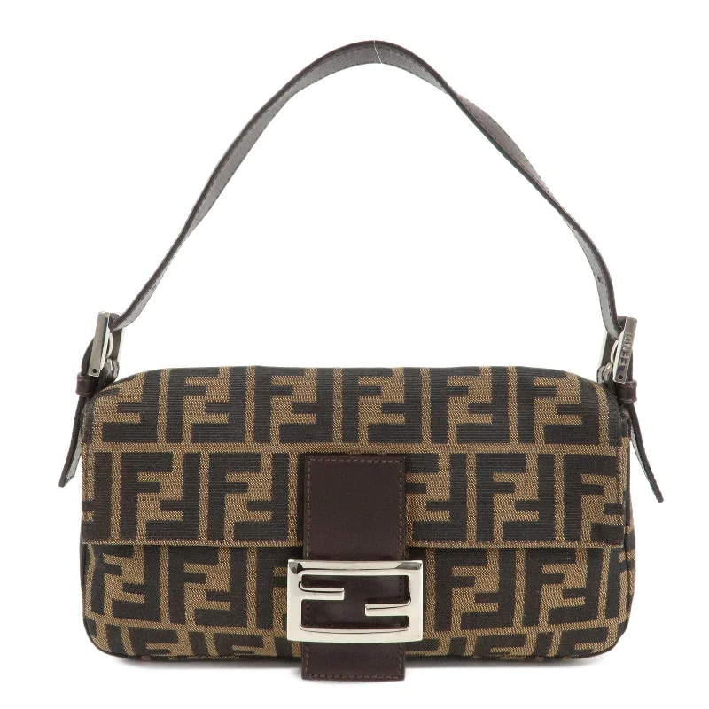 Fendi bags with a front - flap pocket and a turnlock for a classic and elegant aestheticFENDI Mamma Baguette Zucca Canvas Shoulder Bag Brown Black 26424