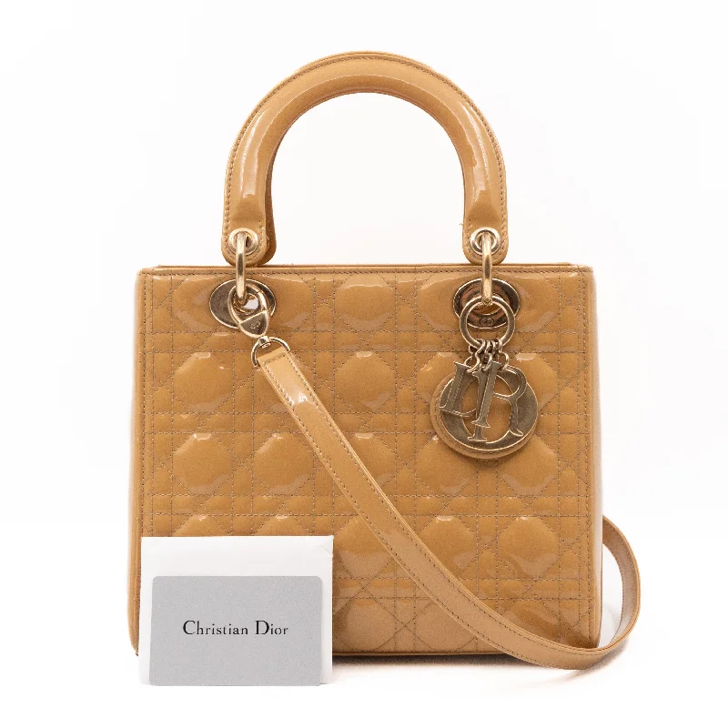 Christian Dior handbags with a snap - button closure and a decorative buckleLady Dior Medium Mustard Patent Leather