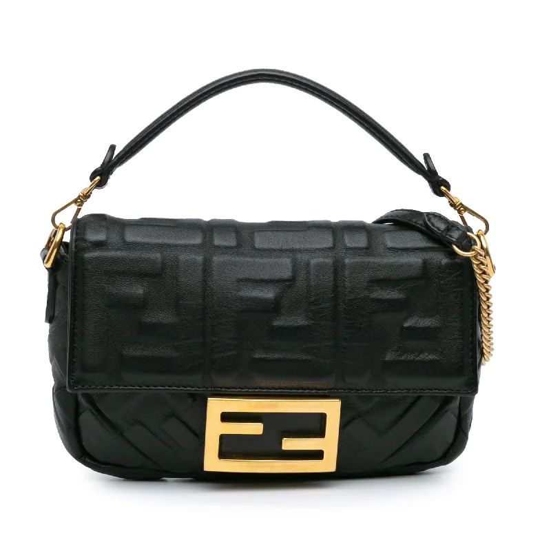 Ladies Fendi Peekaboo bags with a hand - carved leather detail for a unique and artisanal touchBlack Fendi Mini Zucca Embossed Leather Baguette Satchel