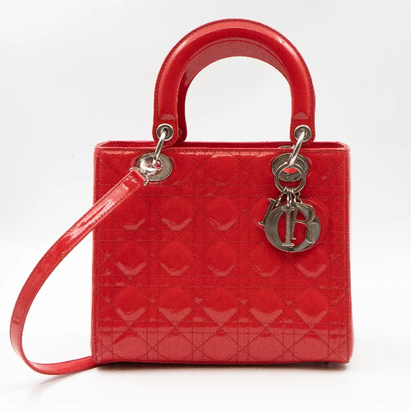 Christian Dior handbags with a removable shoulder strap for versatilityLady Dior Medium Coral Patent Leather