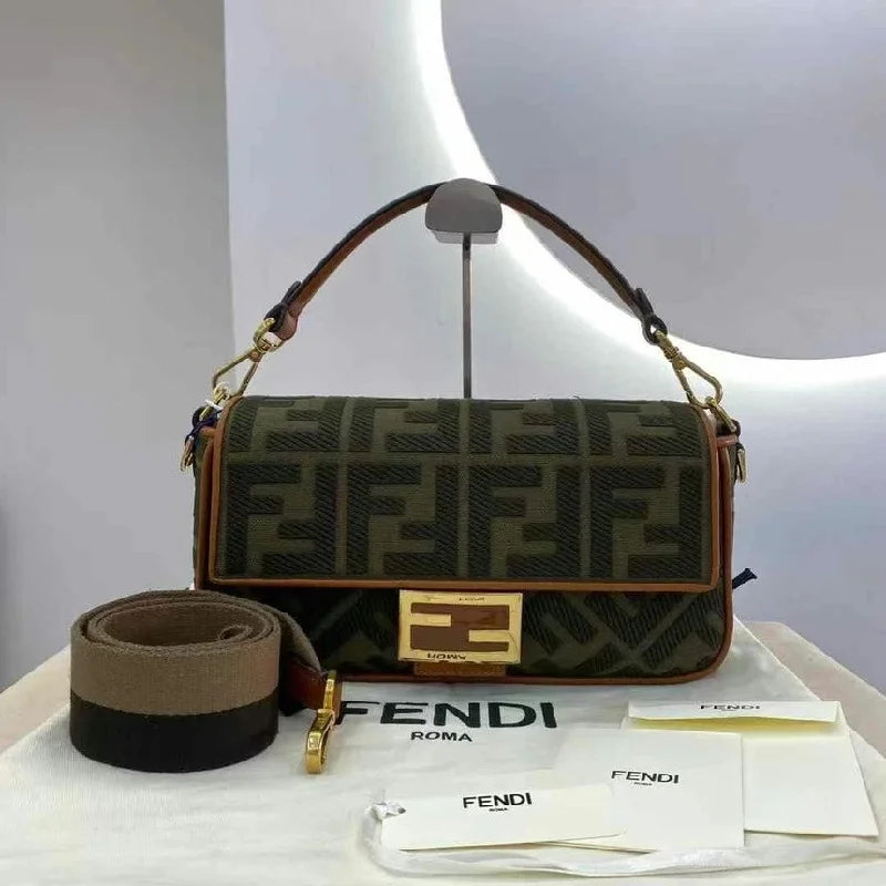 Fendi backpacks with a padded back panel for comfort during long - distance travelFendi Baguette Green Canvas Brown Leather Shoulder Bag Medium