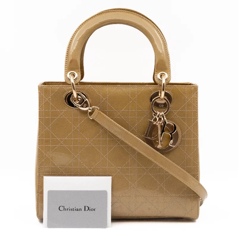 Christian Dior tote bags with a printed Dior logo on the frontLady Dior Medium Yellow Patent Leather