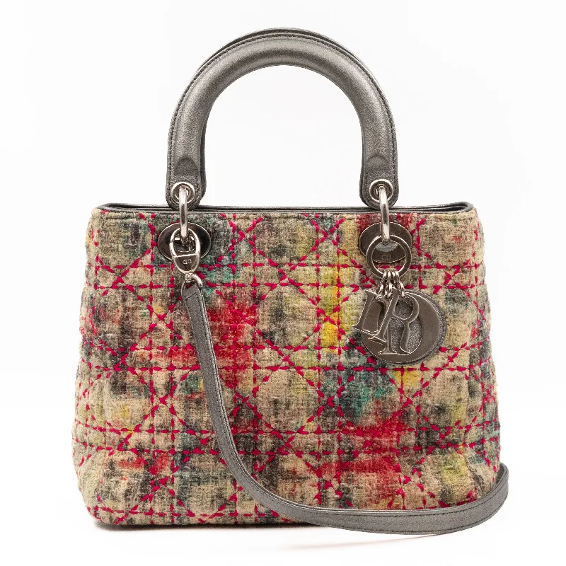 Stylish Christian Dior shoulder bags with a tassel - adorned zipperLady Dior Medium Multicolor Tweed Silver Metallic Leather