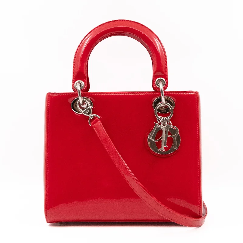 Christian Dior handbags with a removable shoulder strap for versatilityLady Dior Medium Red Smooth Patent Leather