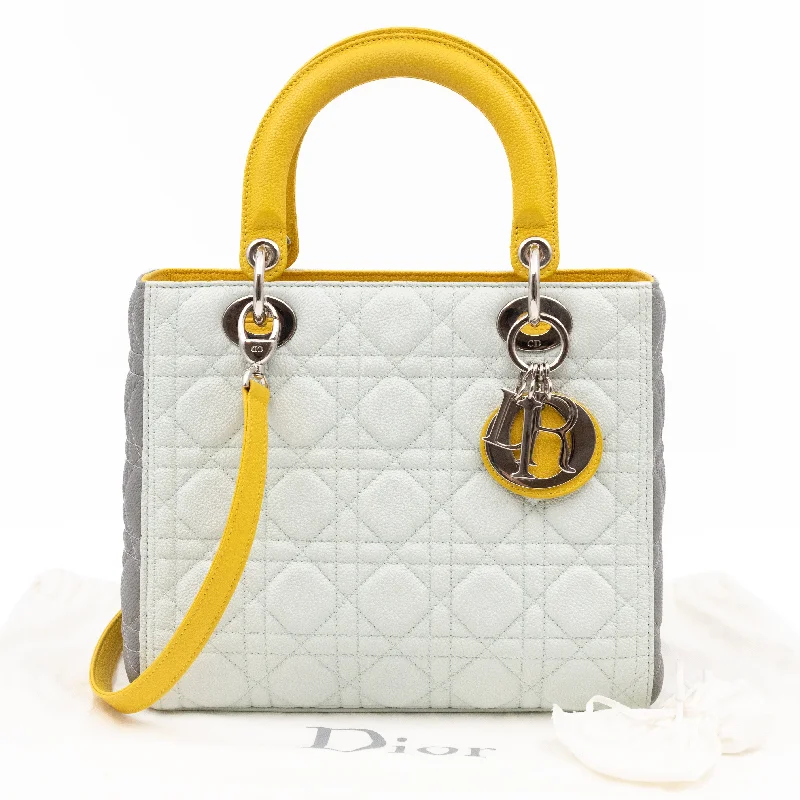 Christian Dior Saddle bags with a distressed leather finishLady Dior Medium Tri-Color White Grey Yellow Caviar